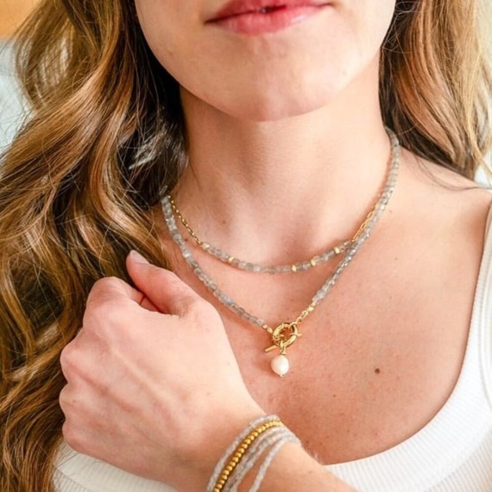 Labradorite Gemstone Necklace Gold Toggle Clasp Removable Pearl Healing Crystal